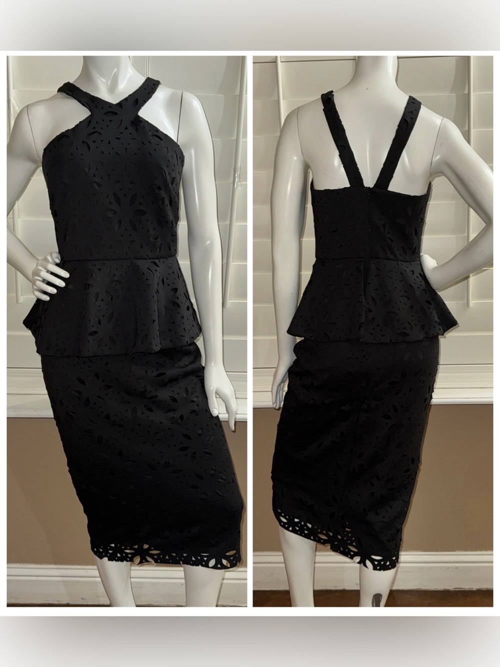 Trina Turk Laser Cut Midi Peplum Dress Black